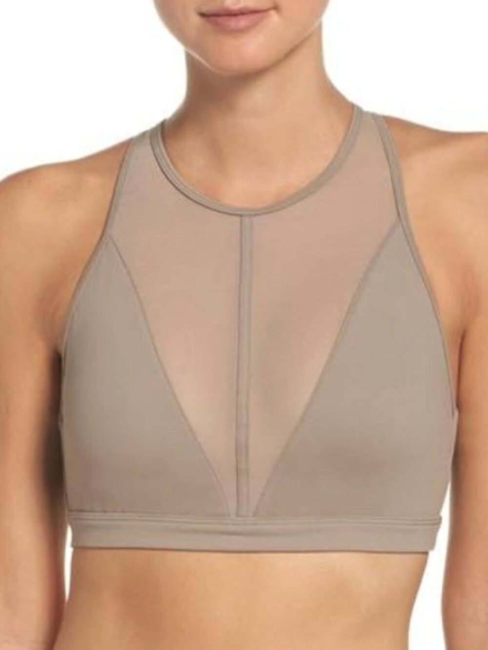 Alo Yoga Women's Empower High Neck Mesh Yoga Sports Bra In Gravel Neutral Small